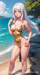 a woman with long white hair wearing a gold bathing suit . 