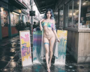 A painted lady in Taiwan walks down the street with a painted body and colorful paintings on two boards next to her.