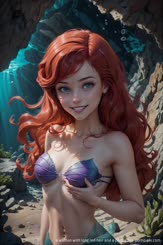 a woman with long red hair and a purple bra 