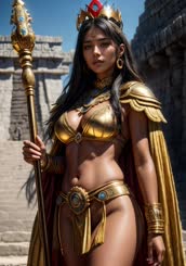 a woman in a gold costume and a long staff