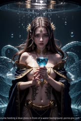 A beautiful girl in a black and gold costume holding a blue glass in front of a water background.