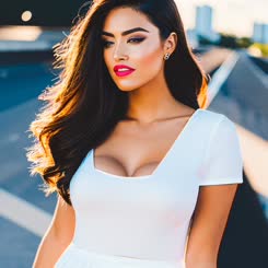 is a professional photo of a woman with long dark hair wearing a white top.