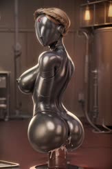 a woman in a metal suit poses for a picture