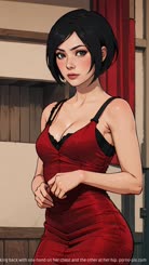 is a piece of fan art of a black haired woman in a red dress she is looking back with one hand on her chest and the other at her hip.