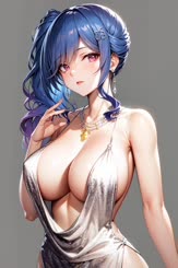 a very sexy woman with blue hair and big breasts