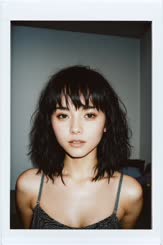 The image is an instant photo of a woman with a black top and short hair.
