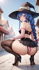 Witchy Wear A Blue-Haired Panty-Showing Witch in a Black Skirt and: Stockings