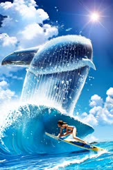 a man riding a surfboard on a wave with a whale behind him . 