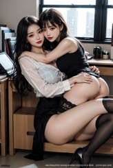 two beautiful young women sitting on a desk . 