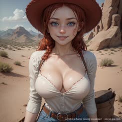 a girl in a hat is posing in a desert . 