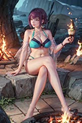 a beautiful woman in a bikini sitting on a rock near some fire