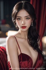 a beautiful young lady with a red dress . 