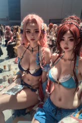 two women dressed in bikinis are posing for a picture