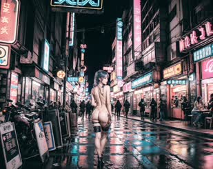 a woman with no clothes on her back walking in the middle of a street at night. The street is filled with neon lights an
