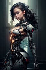 a beautiful woman in a futuristic costume with long hair