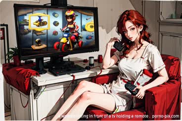 a woman sitting in front of a tv holding a remote . 