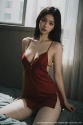 A woman wearing a red lingerie set.