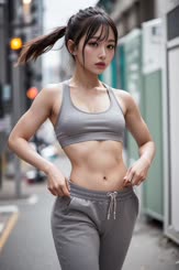 a beautiful young woman wearing grey pants and a sports bra