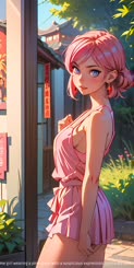 The picture shows a pink haired anime girl wearing a pink dress with a suspicious expression.