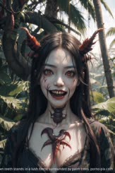 A demon woman with red horns and red brown teeth stands in a lush forest surrounded by palm trees.