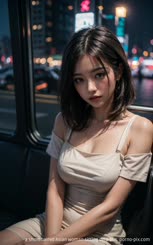 a short haired Asian woman sitting on a bus.