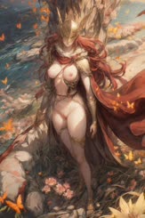 depicts a red haired warrior woman wearing a golden helmet and armor standing next to a tree with autumn flowers and but