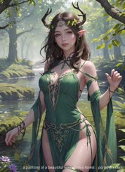 a painting of a beautiful woman in a forest . 