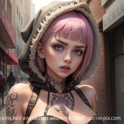 a girl with pink hair and tattoos wearing a hood . 