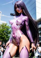 a woman in a purple body suit is holding a gun . 