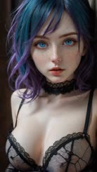  A girl with blue eyes and long purple hair