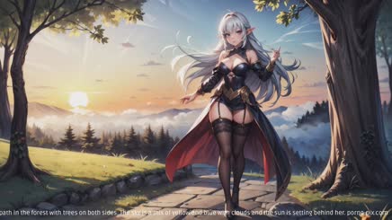 features a anime fantasy girl with long white hair wearing a black corset and red cloak standing on a stone path in the forest with trees on both sides. The sky is a mix of yellow and blue with clouds and the sun is setting behind her.