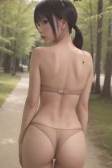 a woman in a bikini is walking down a path