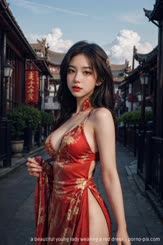 a beautiful young lady wearing a red dress . 