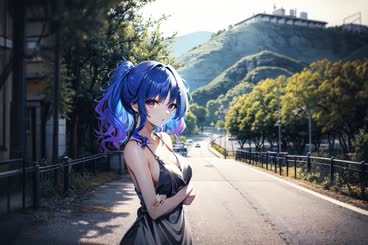 a woman standing on a street near a hill