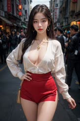 a woman wearing a white blouse and red shorts