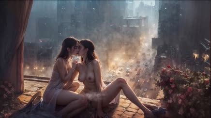 City Nights: Two Naked Women Kissing on a Rooftop