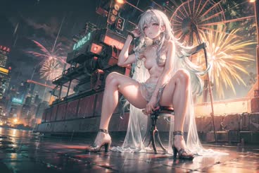 a anime style white haired girl sitting on a chair in a cyberpunk city at night. She is wearing white lingerie and has her hand on her right breast. The background has fireworks and a Ferris wheel.