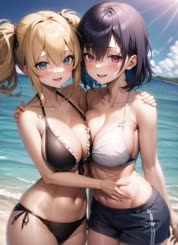 Two anime girls in swimsuits hugging on a beach