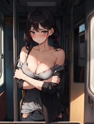 a girl standing on a train holding her arms crossed