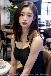 a beautiful woman sitting in a restaurant holding a cup . 