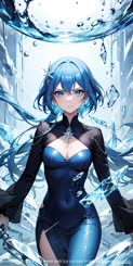 A  second long animation of a girl with blue hair in a black body suit surrounded by ice and water with ice crystals in her hair.
