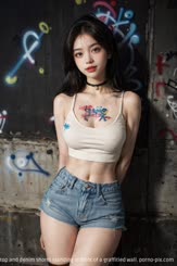 a Asian girl with a tattoo wearing a white crop top and denim shorts standing in front of a graffitied wall.