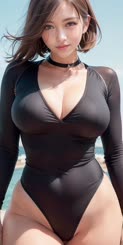 a beautiful woman with very large breasts in a black long sleeved swimsuit with a V neck and a choker standing in front 