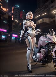 a robot girl is standing next to a pink motorcycle . 