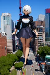 a girl is standing in a city with her arms spread out