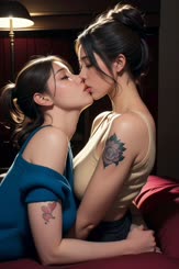 two beautiful women kissing each other with tattoos on their arms
