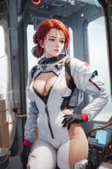 a woman with red hair and a tight white outfit