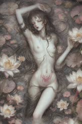 a painting of a naked woman lying on flowers