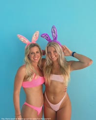 Two Blonde Girls Wear Bunny Ears and Pink Bikinis, Taking a Picture Together