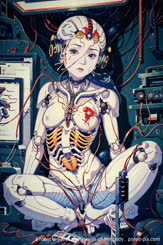 a robot girl with many wires on her body . 